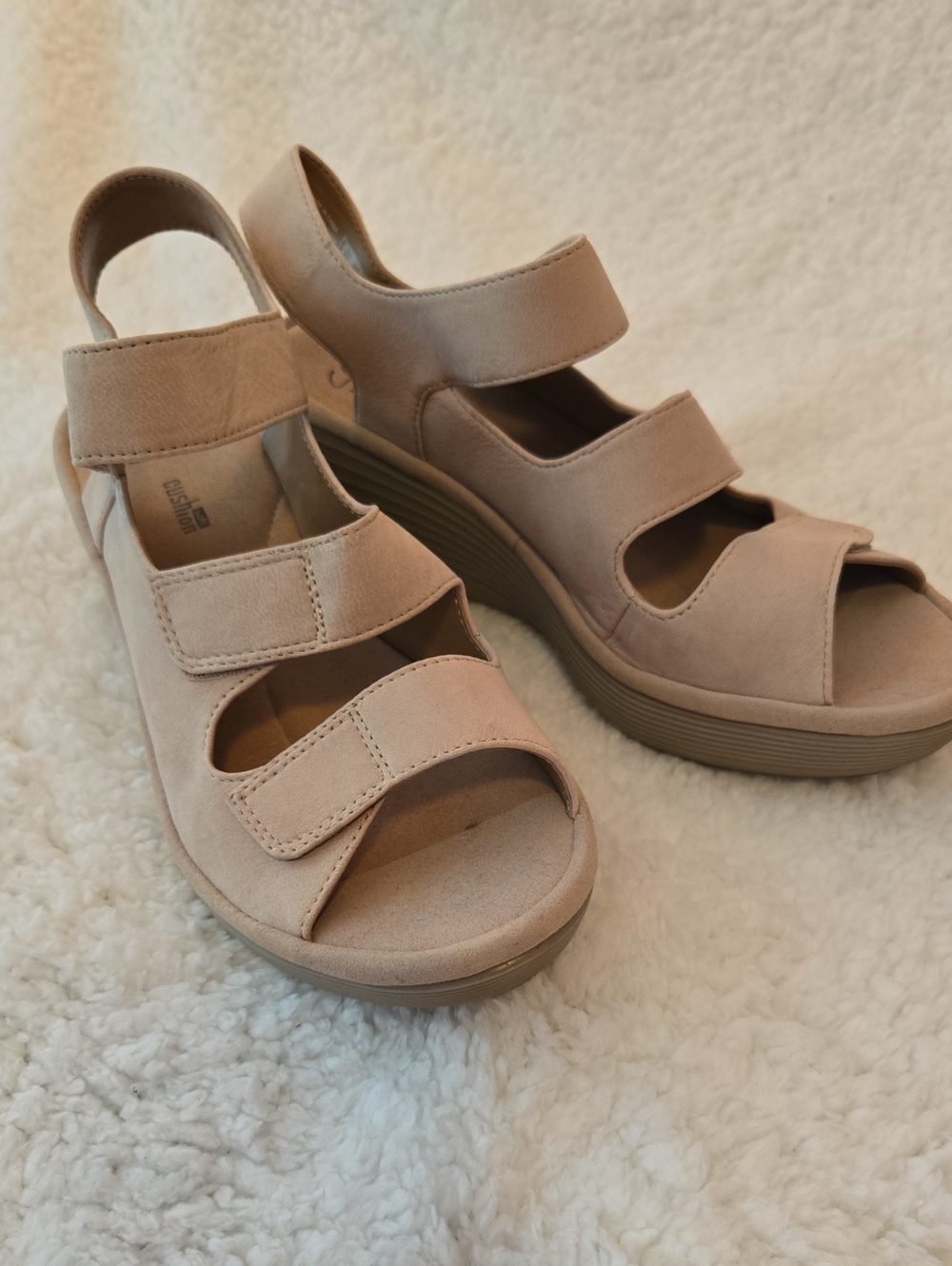 Clark's Triple-Strap Nude Wedge Sandals with Hook-and-Loop Closures